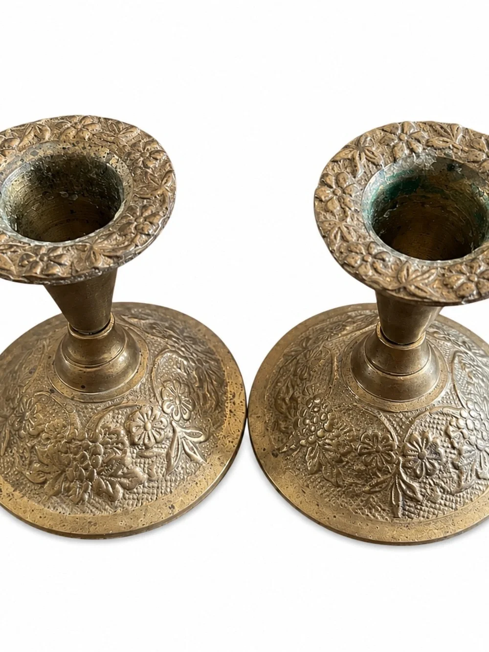 Vintage Goel India  Brass Taper Candle Holders Set of 2 Hand-Engraved Floral